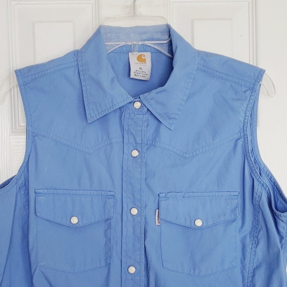Vtg Carhartt Sleeveless Western Snap Shirt Blue Cotton Stretch Workwear XL - Picture 2 of 7